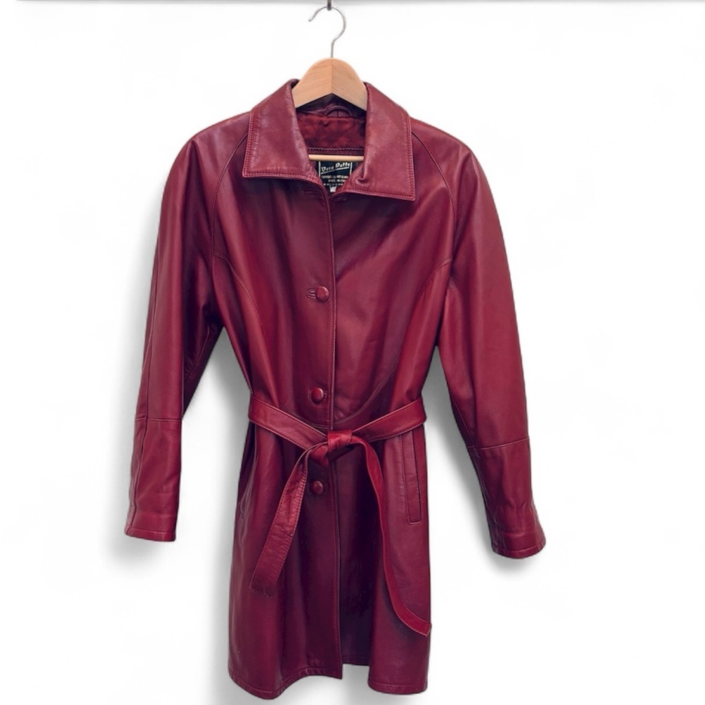 Vintage Vera Pelle Belted Leather Trench Coat Jacket Oversized Cherry Red XS